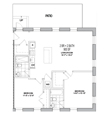A floor plan of a house with a living room, two bathrooms, and two bedrooms.
